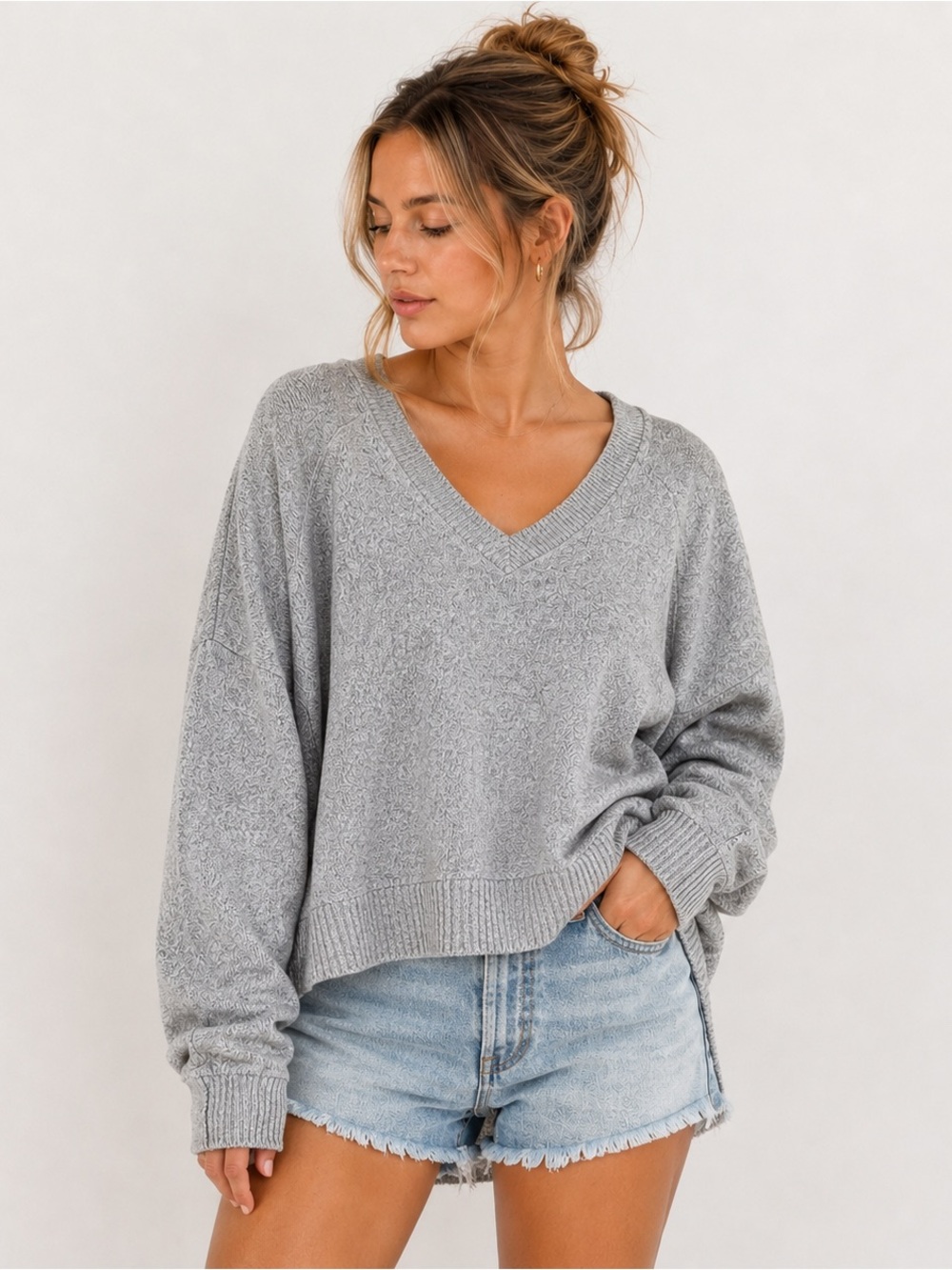 Evereve Oversized Heather Gray Long Sleeve Knit Top Size XS Boxy Fit Loungewear